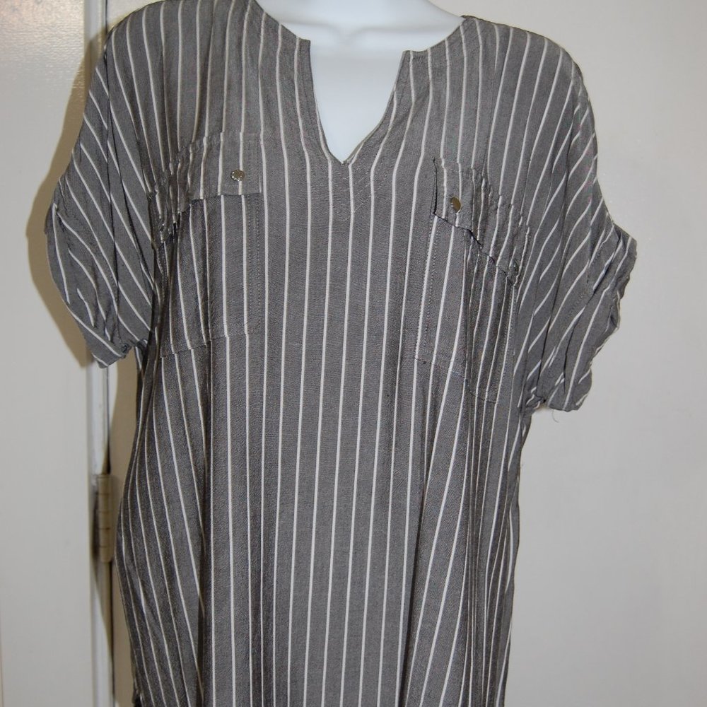 Jones New York, lightweight, grey and white striped blouse